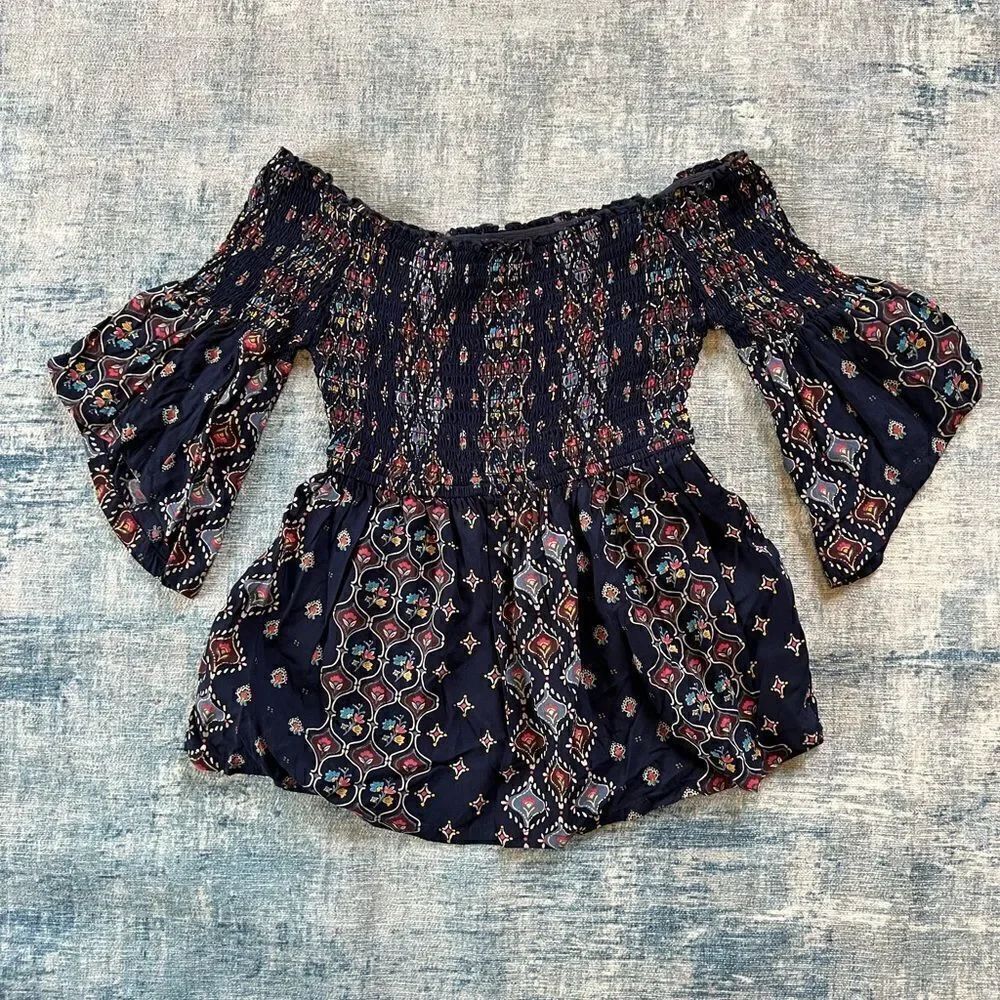 Hollister Navy Blue Boho Stretchy Off The Shoulder Peasant Style Blouse XS